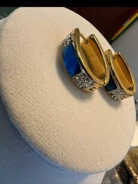 Gold-Tone Huggie Earrings with Blue Faceted Stone and Clear Accents